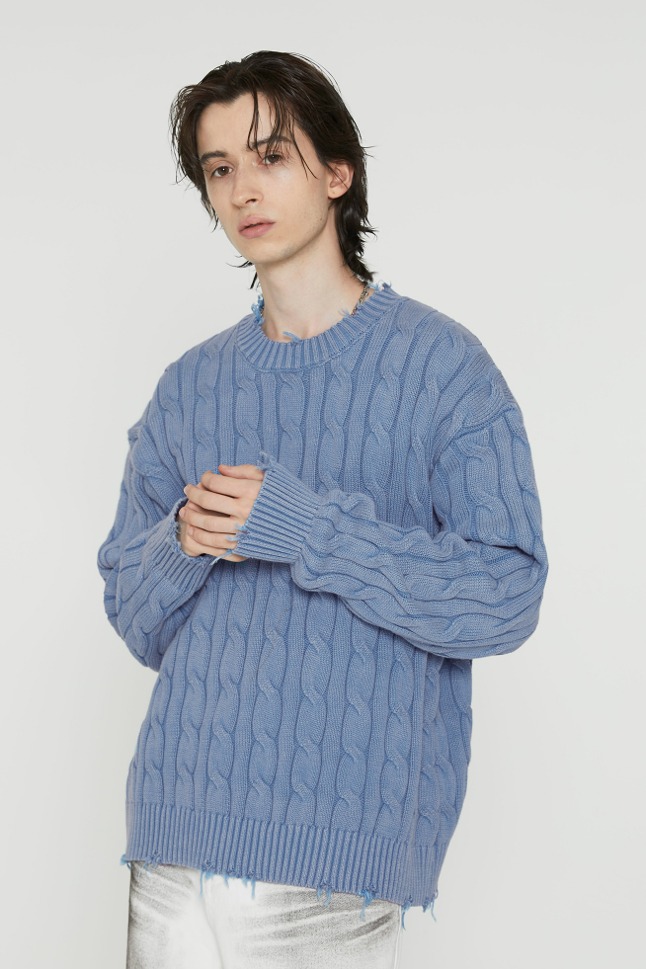 VINTAGE WASHED CABLE KNIT_BLUE